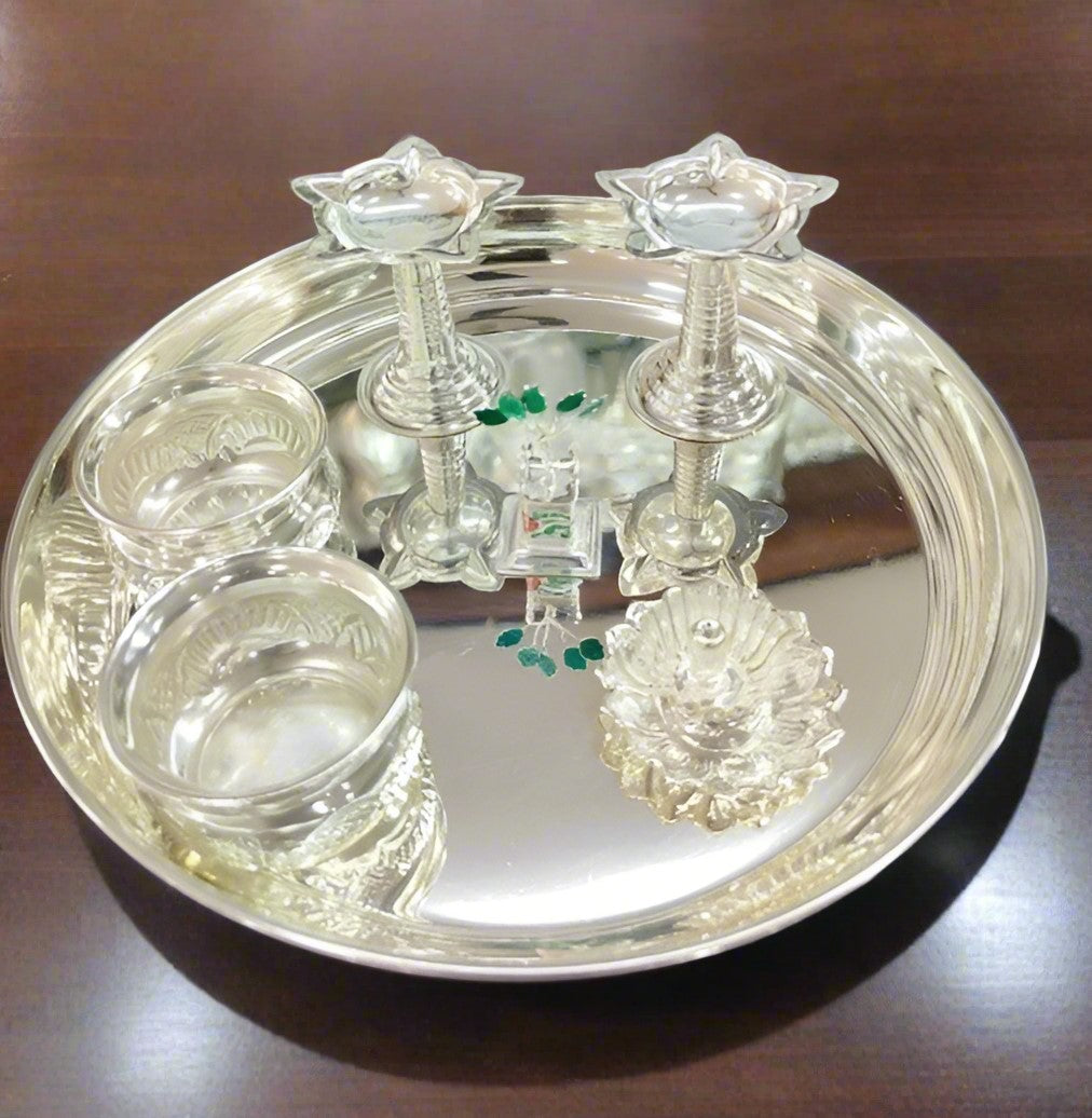 German Silver Pooja Thali Set of 7 Pieces